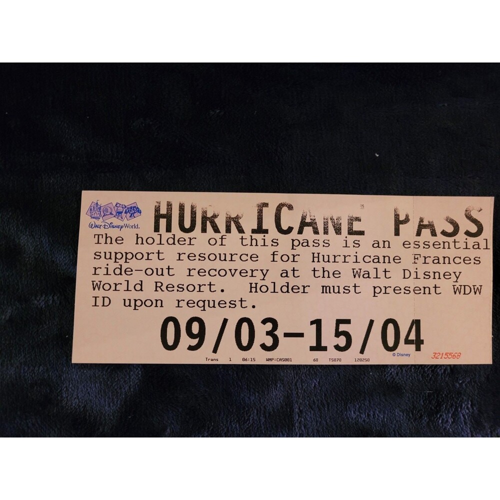 Walt Disney World Cast Member Hurricane Ride-Out Access Pass Rare Operational Co